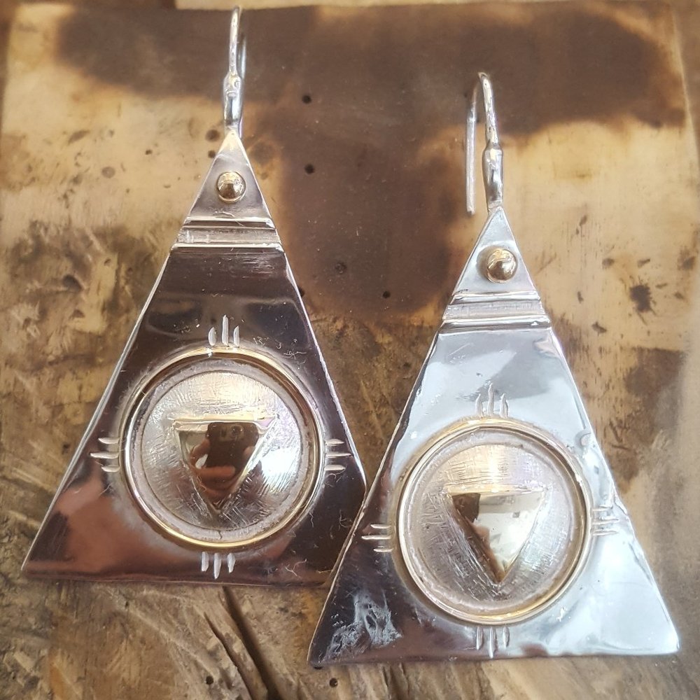 14KYG/925 Silver Southwest Style Artesanal Earrings "June Cabat" Signed